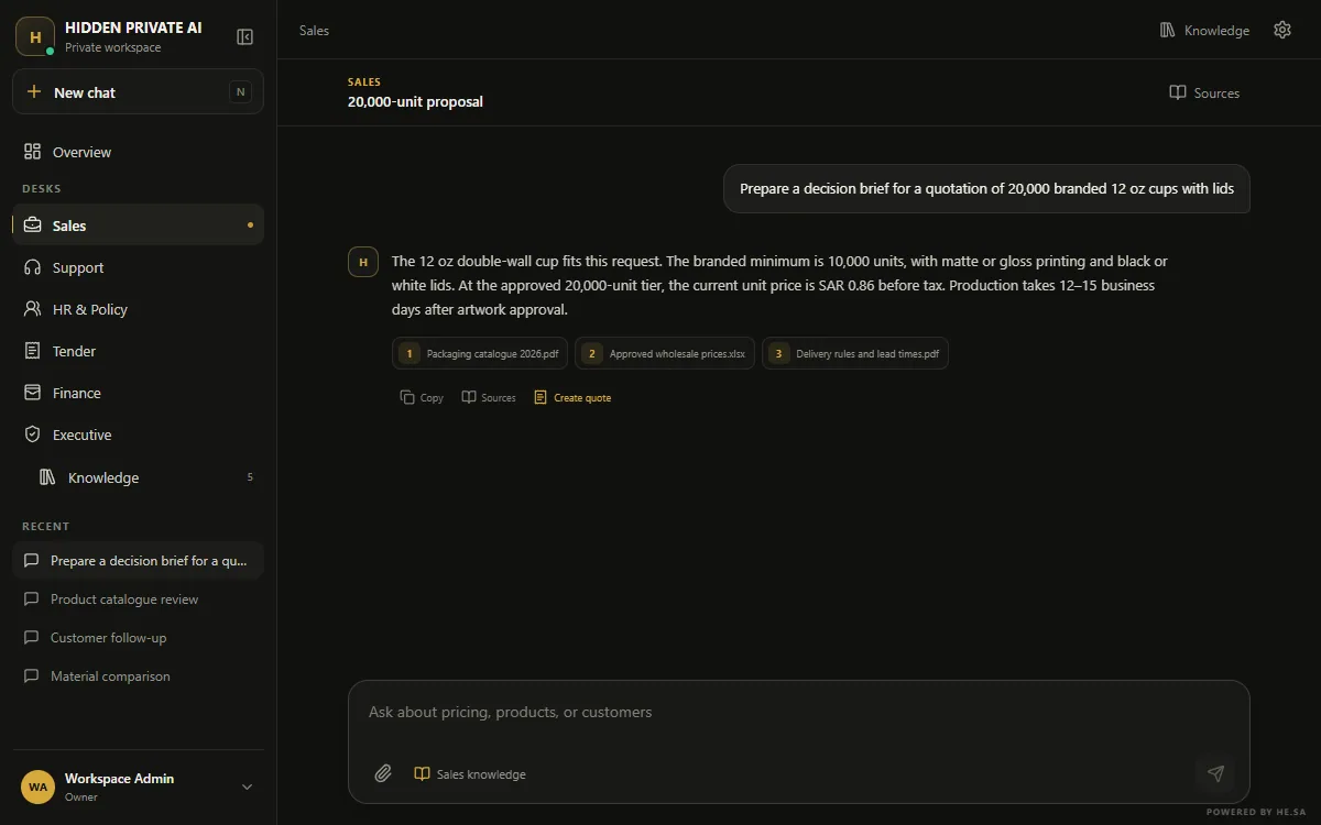 HIDDEN PRIVATE AI workspace showing company desks and an approved-knowledge chat